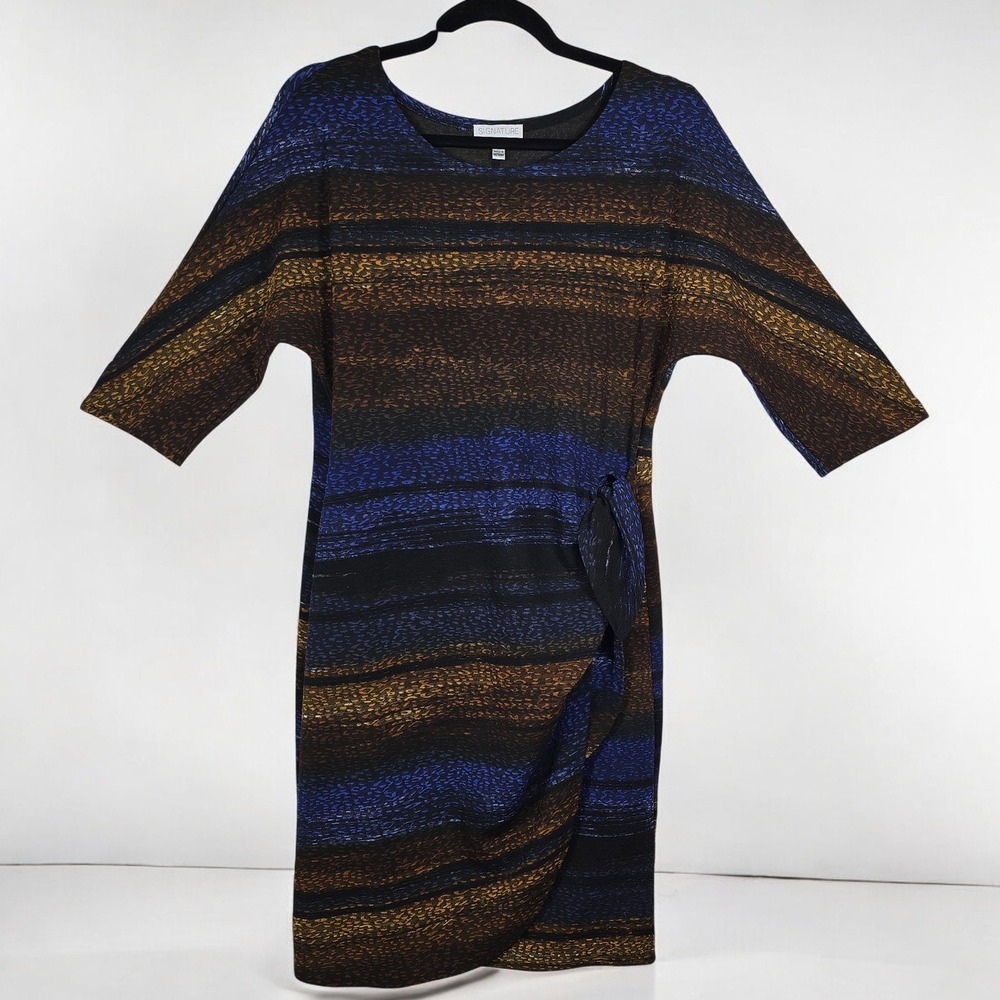 Signature by Robbie Bee Wrap Dress Women Medium Striped Blue Brown Black Knit